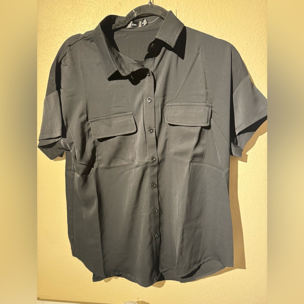 Black wrinkle free button pocket flutter sleeve shirt blouse tunic top bohemian